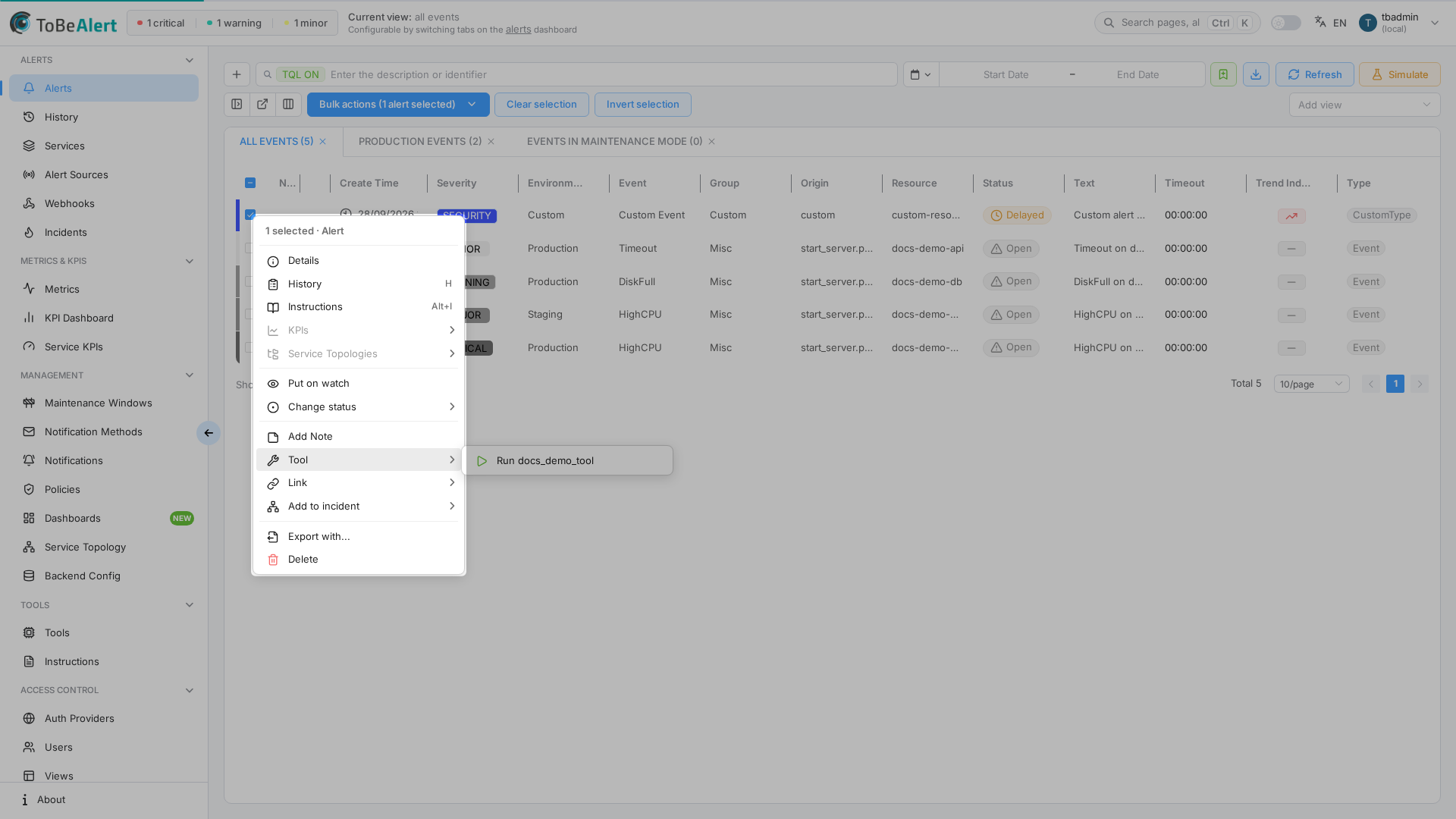Alerts dashboard — context menu highlighted in red