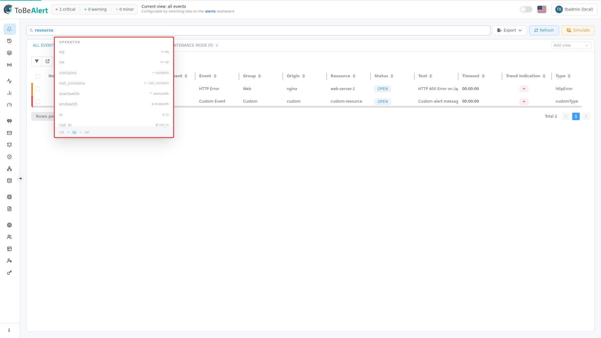 TQL autocomplete — operator suggestions after typing resource: