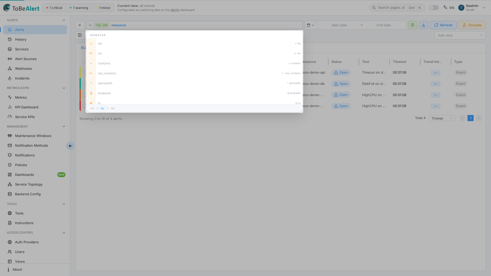 TQL autocomplete — operator suggestions after typing resource: