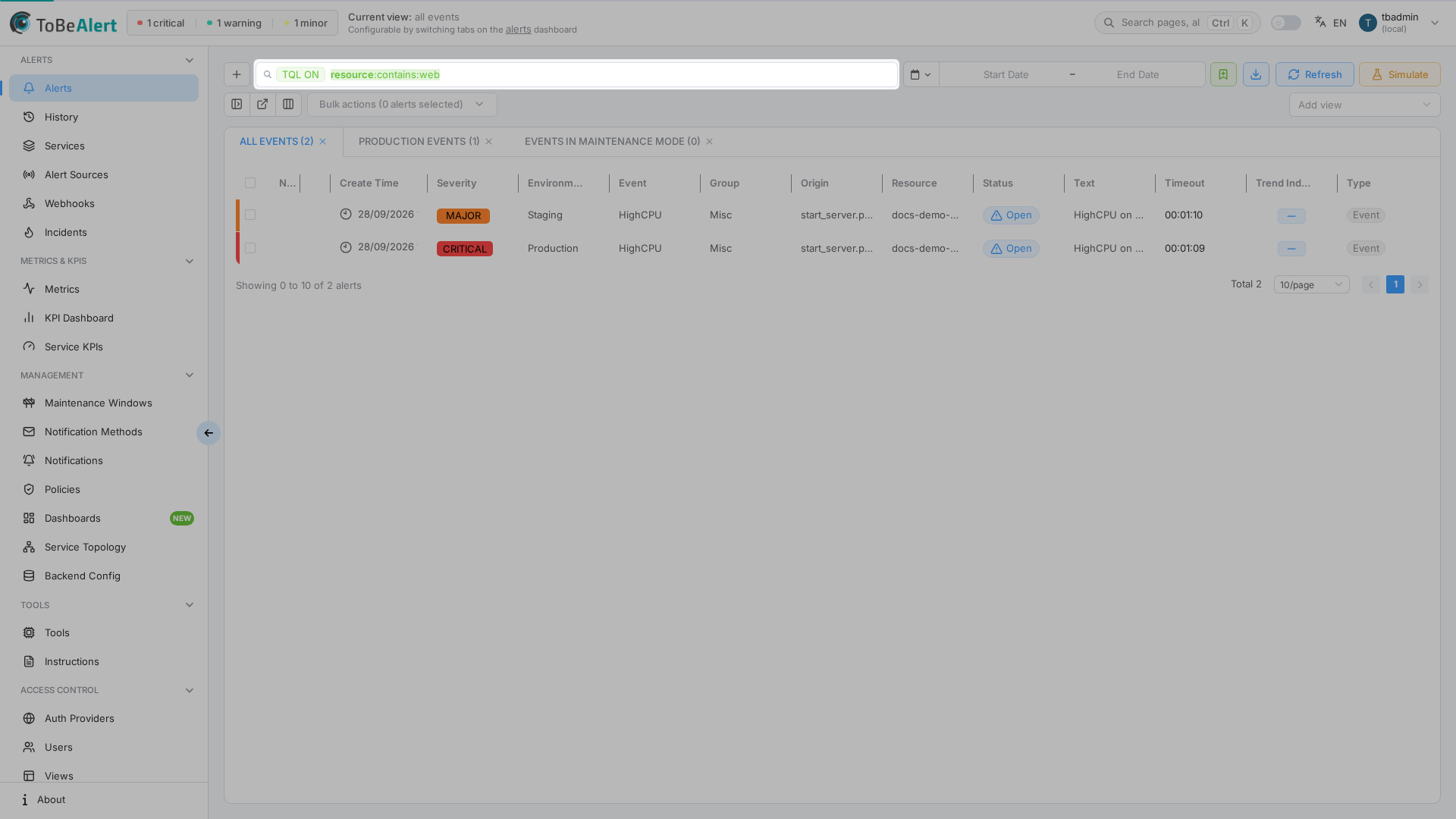 Dashboard with TQL filter resource:contains applied