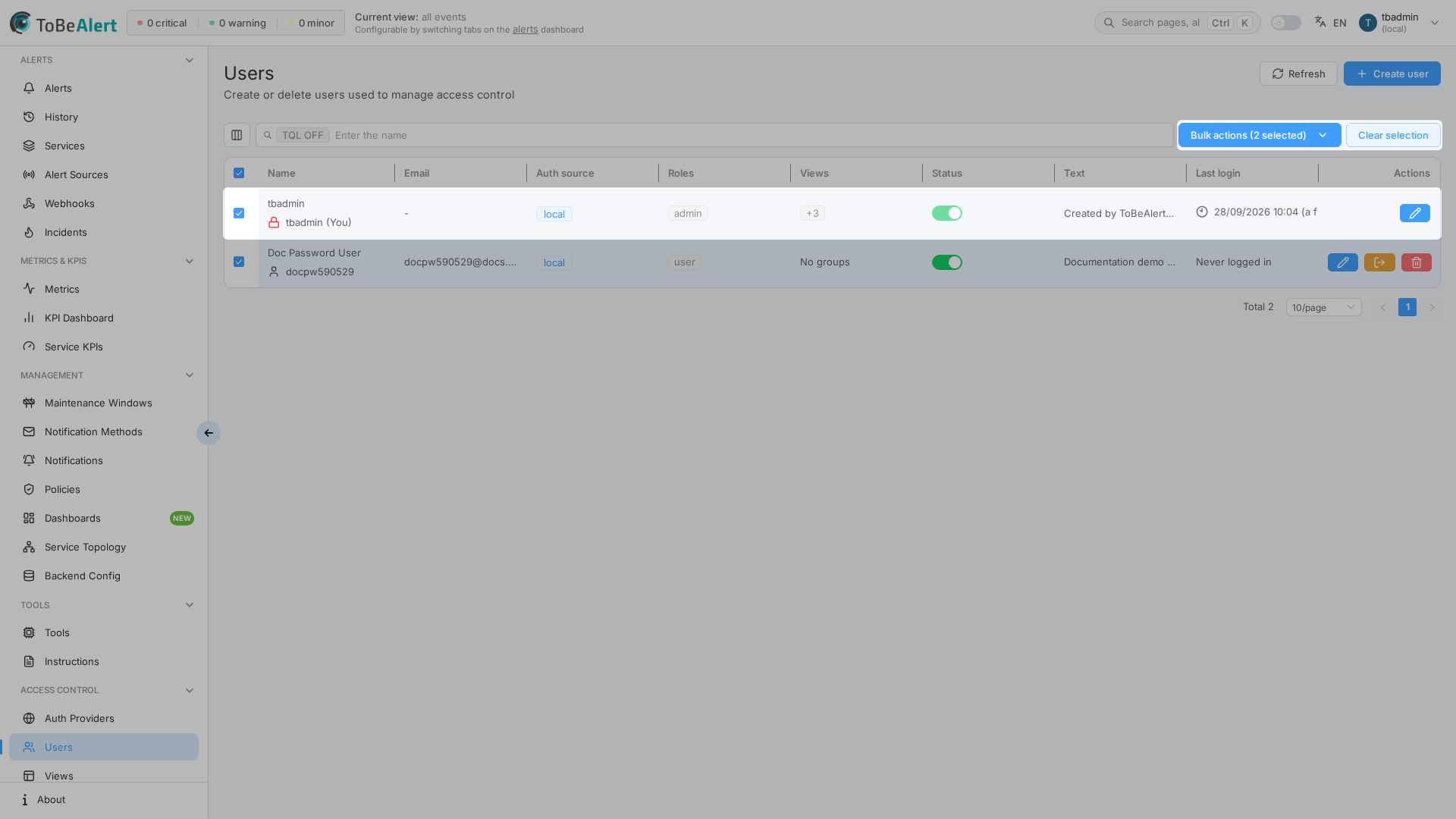Users list — bulk selection toolbar
