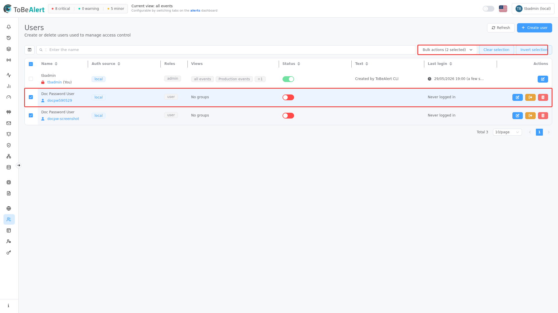 Users list — bulk selection toolbar