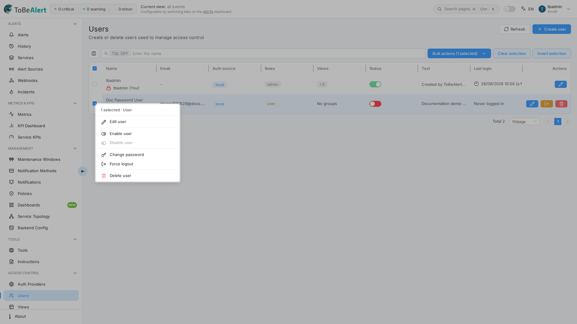 Change password — context menu on a selected local user