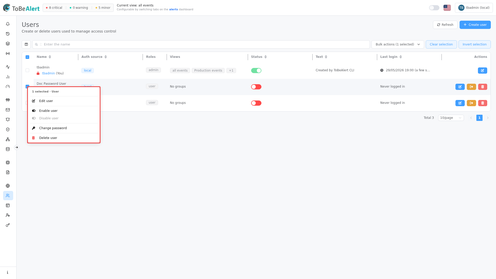 Change password — context menu on a selected local user