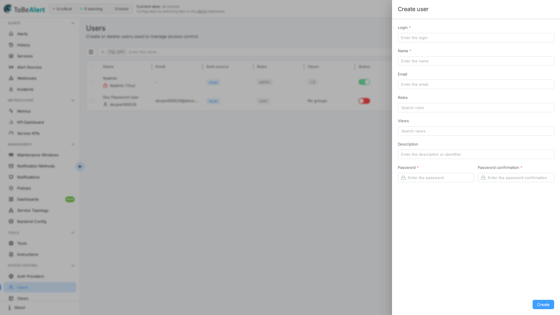 Create user — drawer