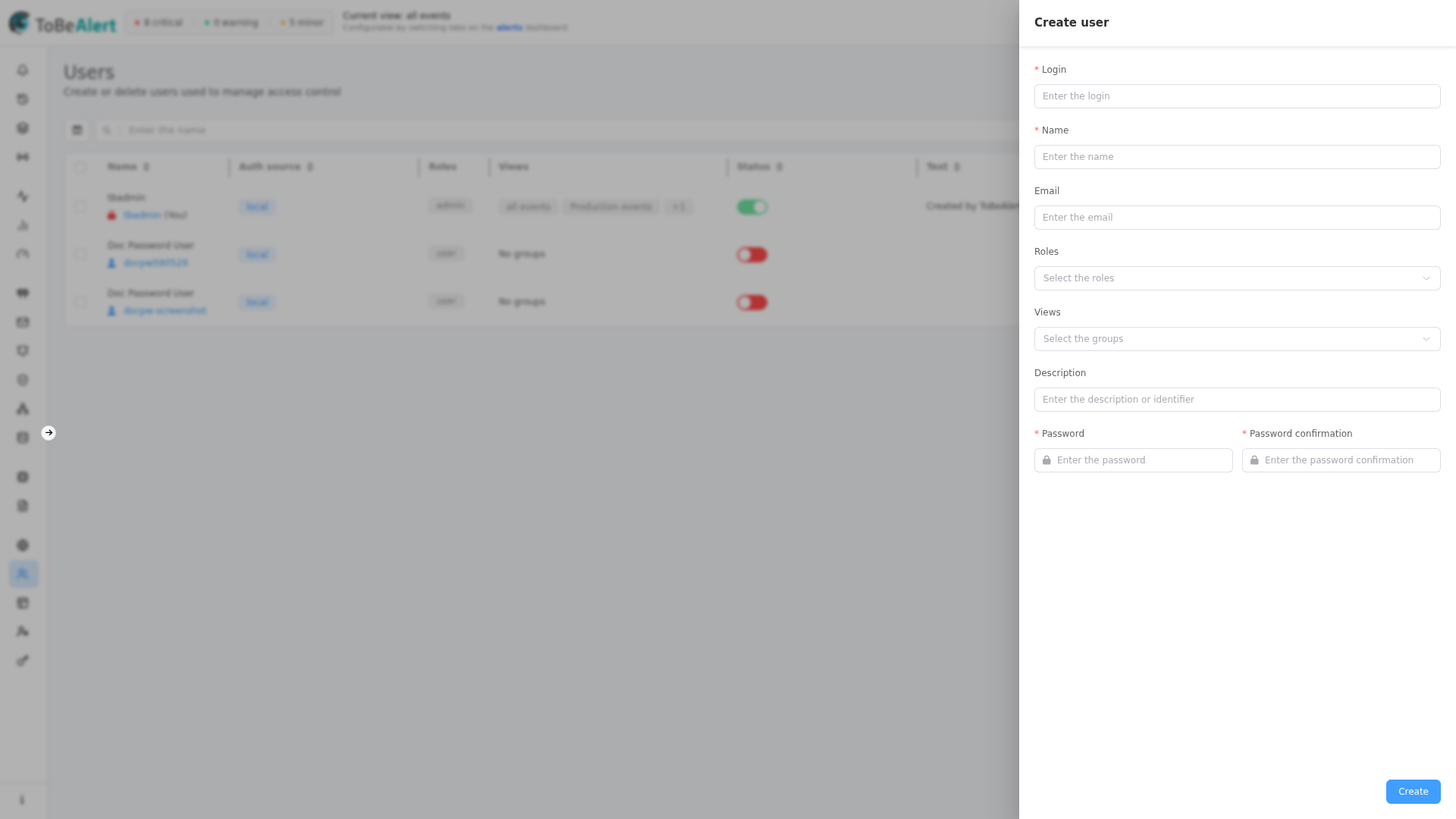 Create user — drawer
