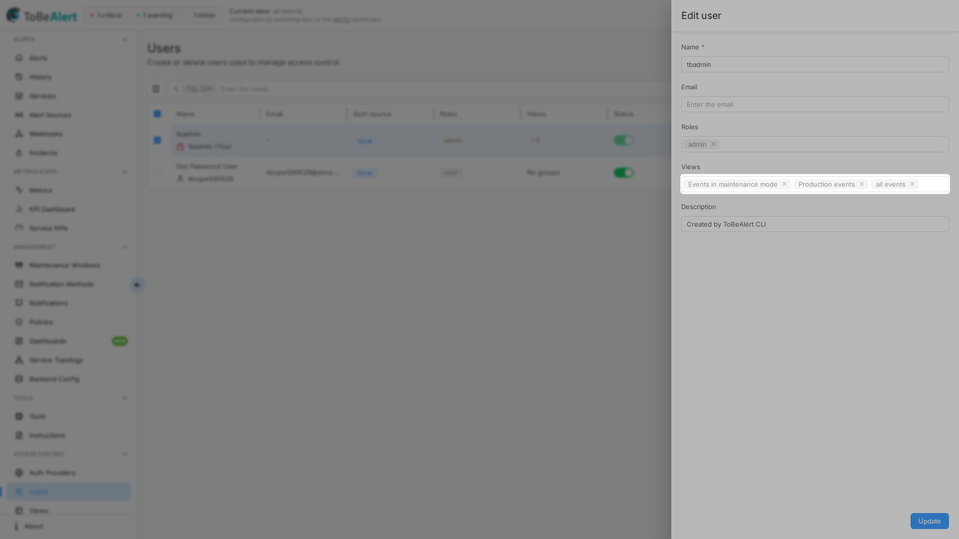 Edit user drawer — Views search picker