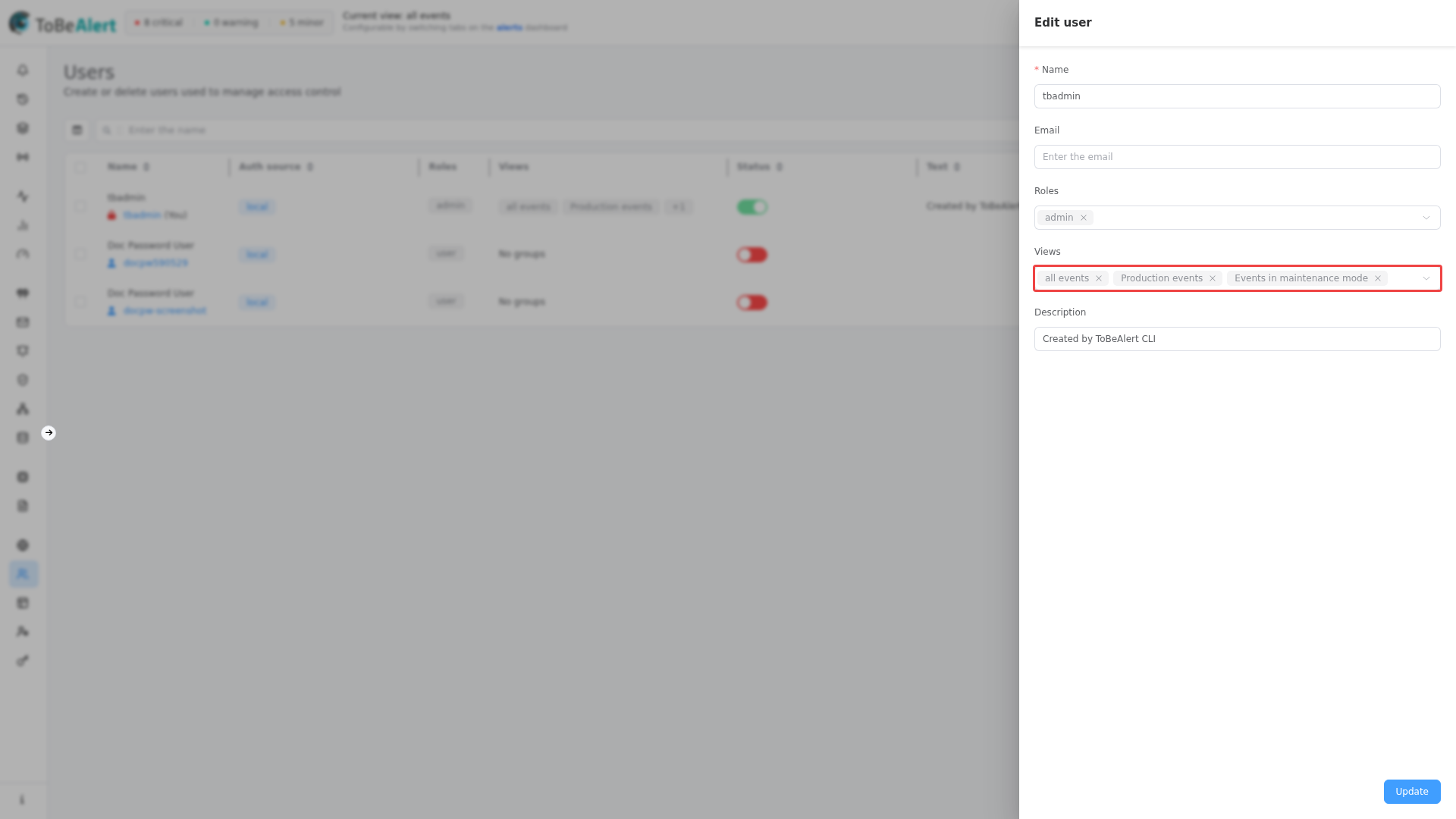 Edit user drawer — Views multi-select