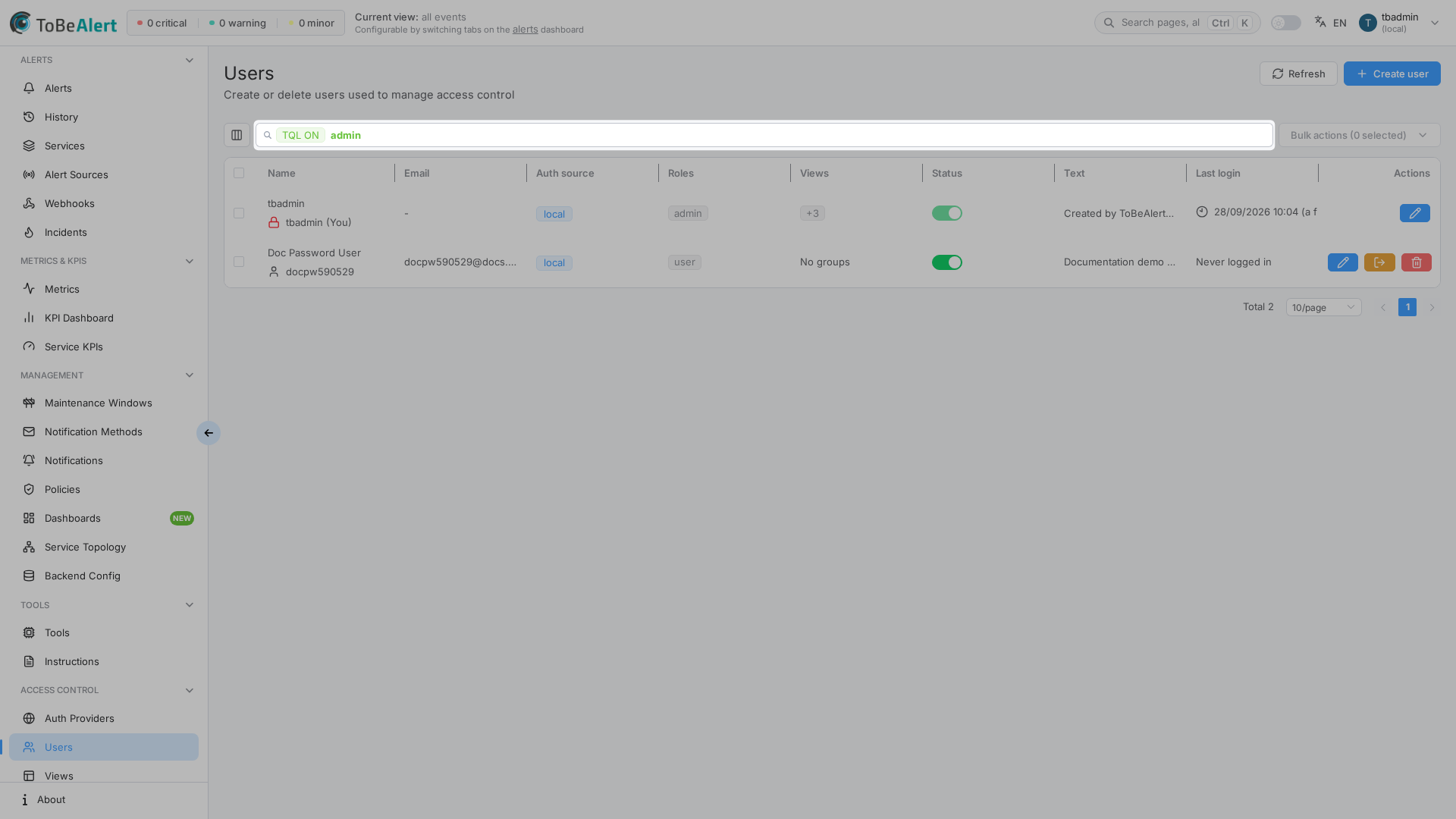 Users list — plain search
