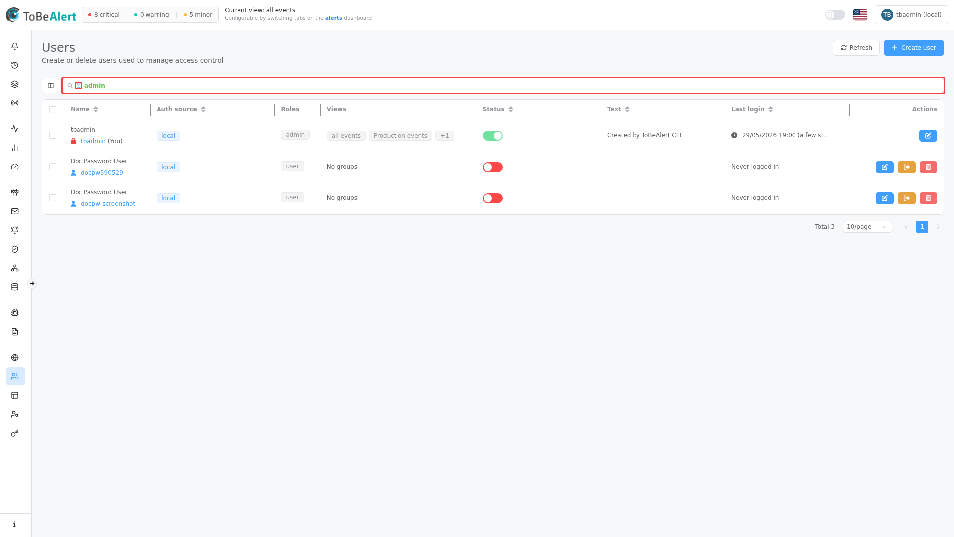 Users list — plain search
