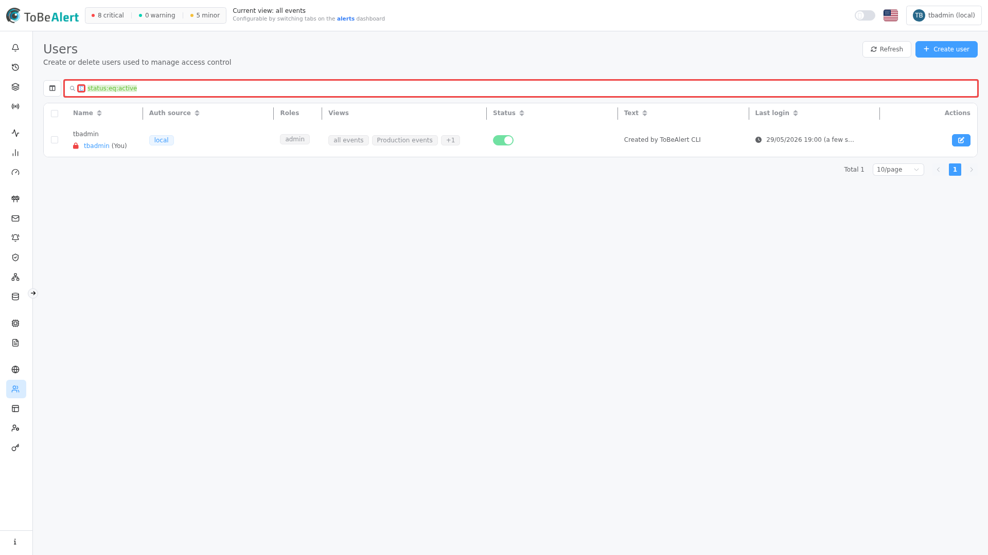 Users list — TQL filter