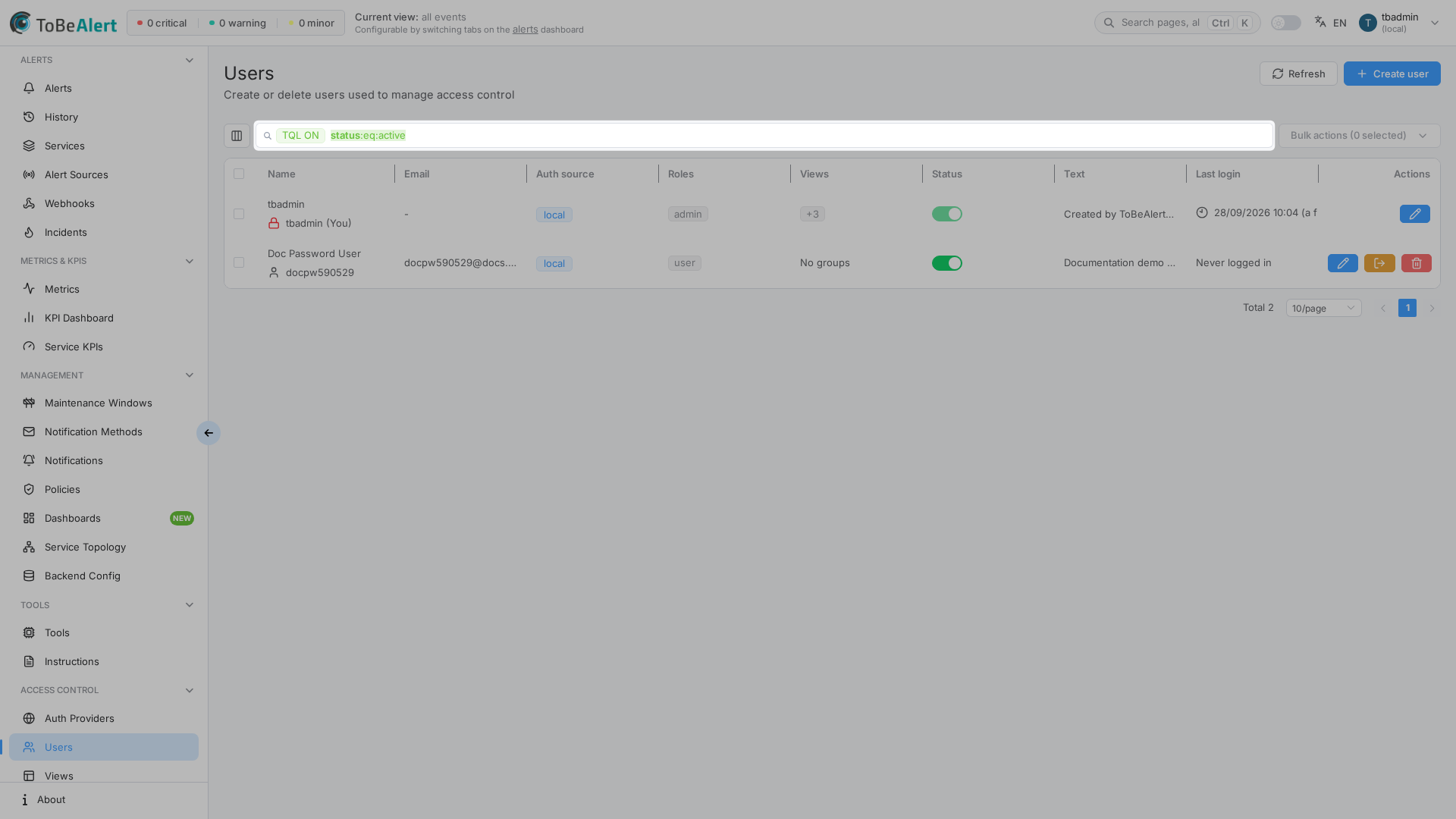 Users list — TQL filter