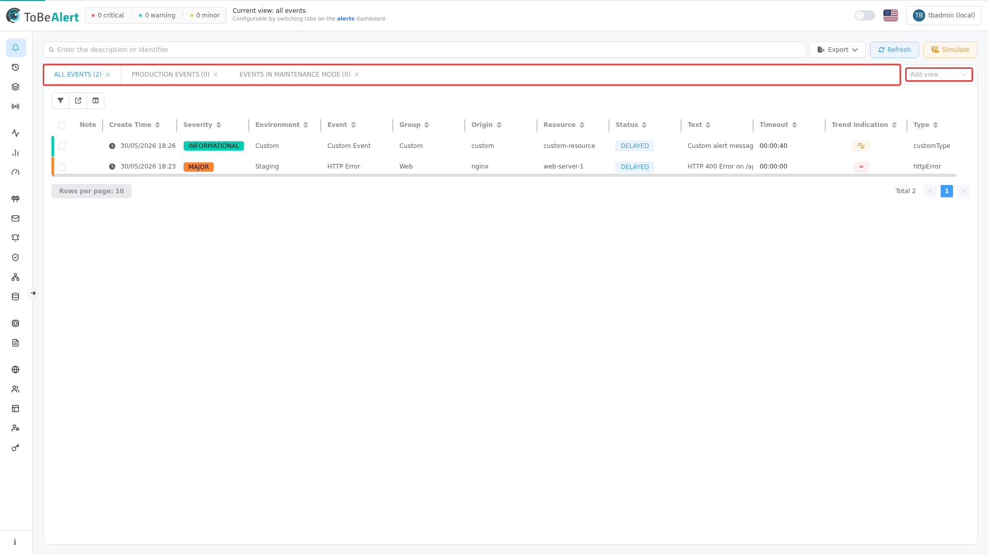 View tabs — assigned views with alert counts and Add view control