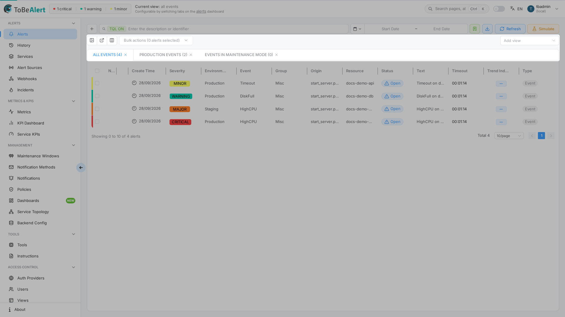 View tabs — assigned views with alert counts and Add view control