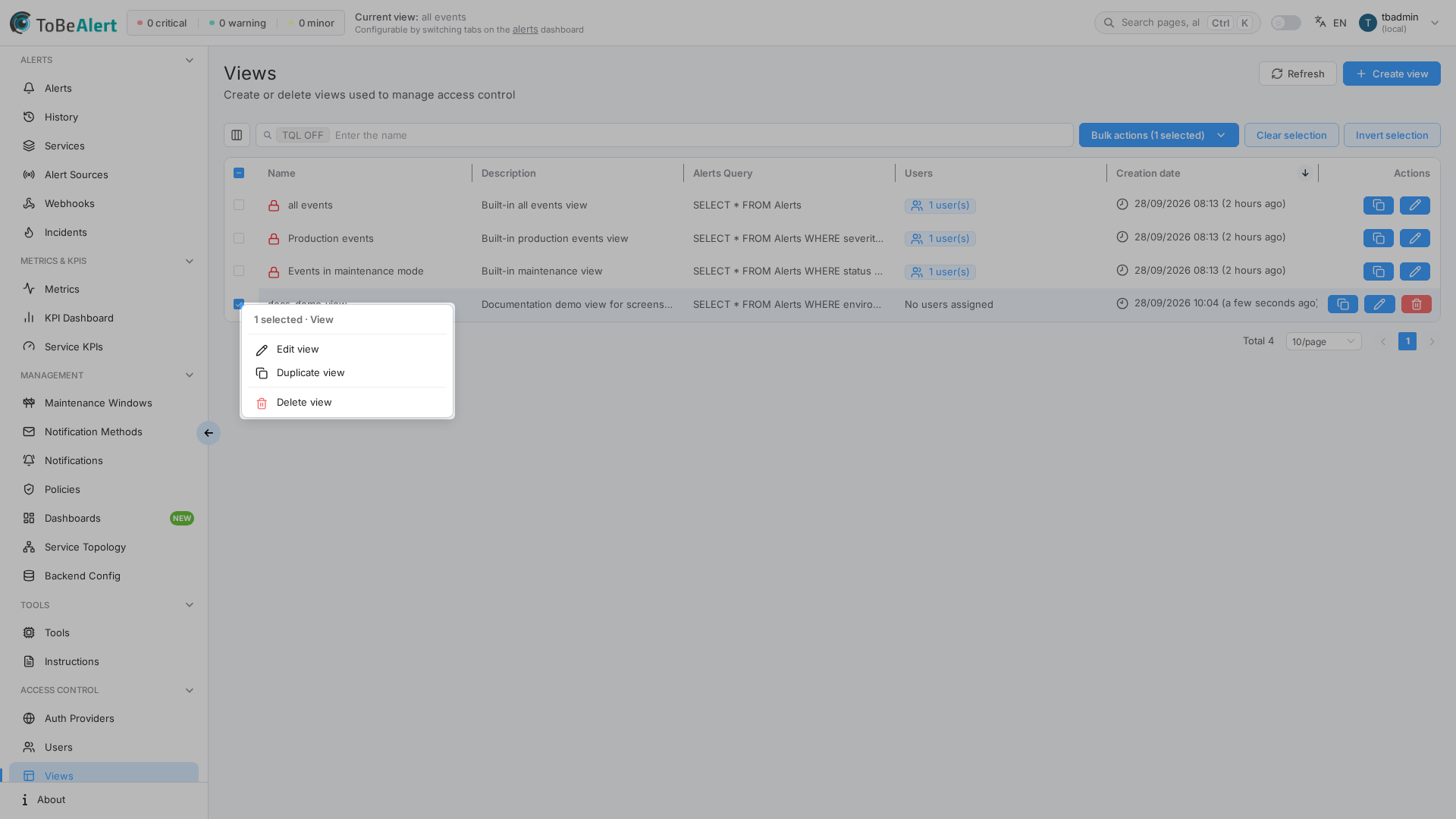 Context menu on a selected custom view row
