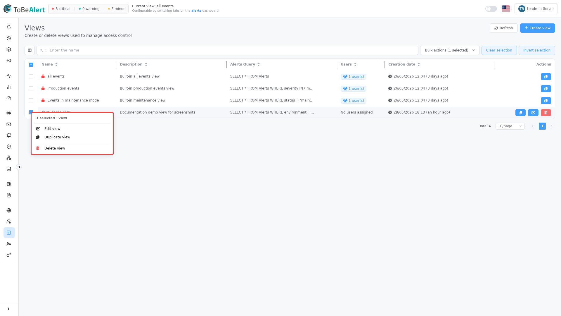 Context menu on a selected custom view row