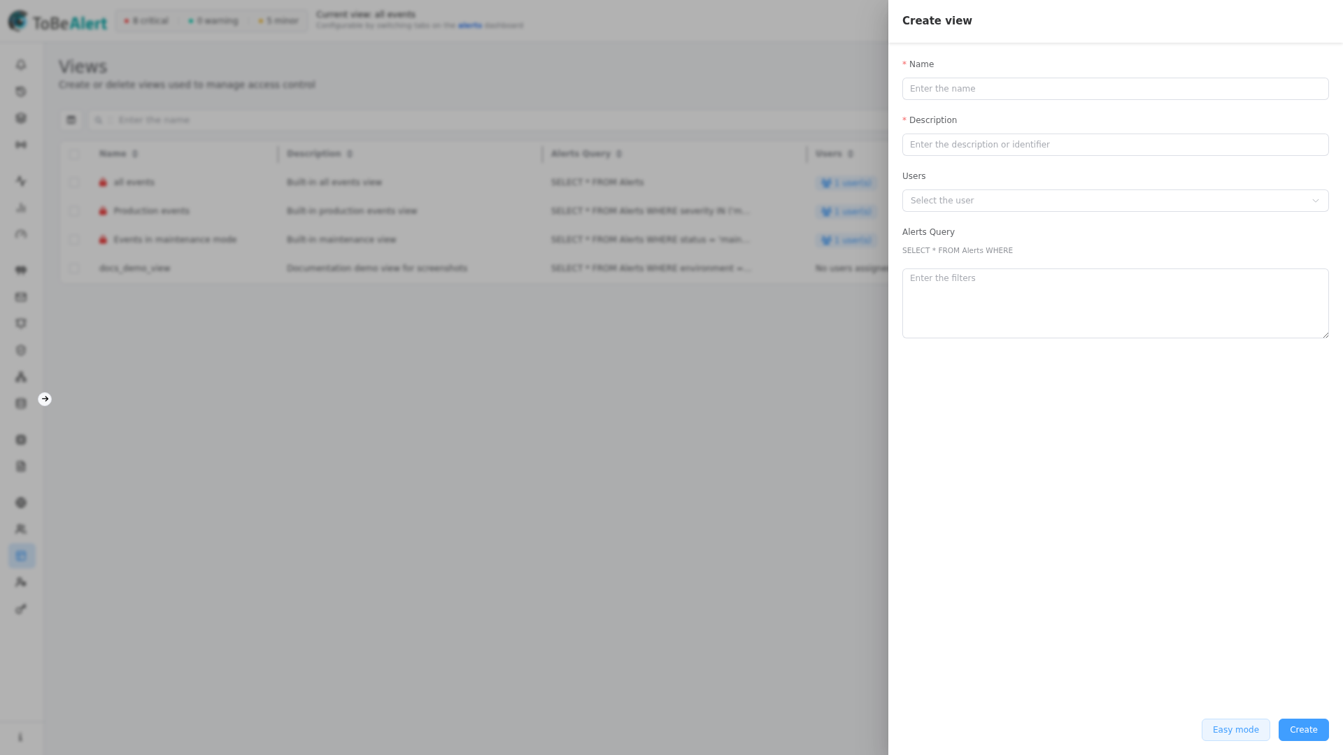 Advanced mode Alerts Query — Easy mode toggle and query textarea