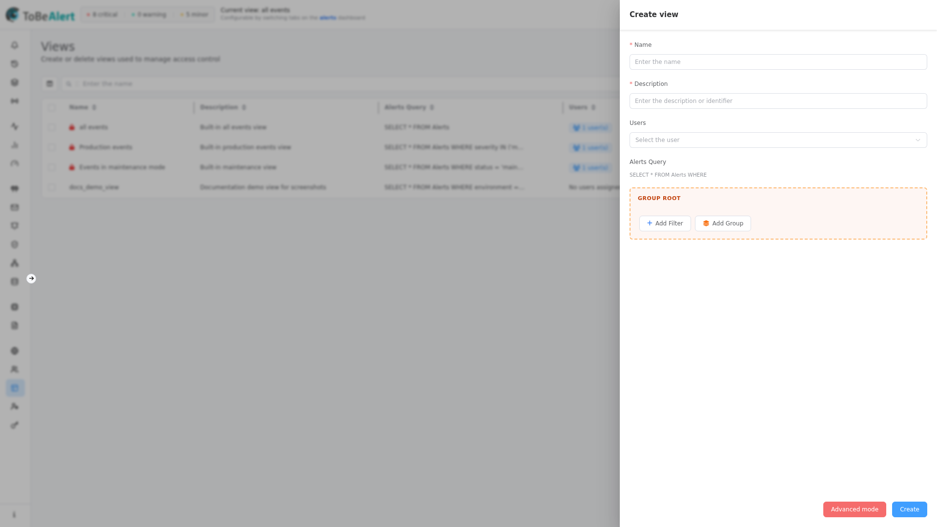 Create view drawer — Name, Description, Users, and Alerts Query