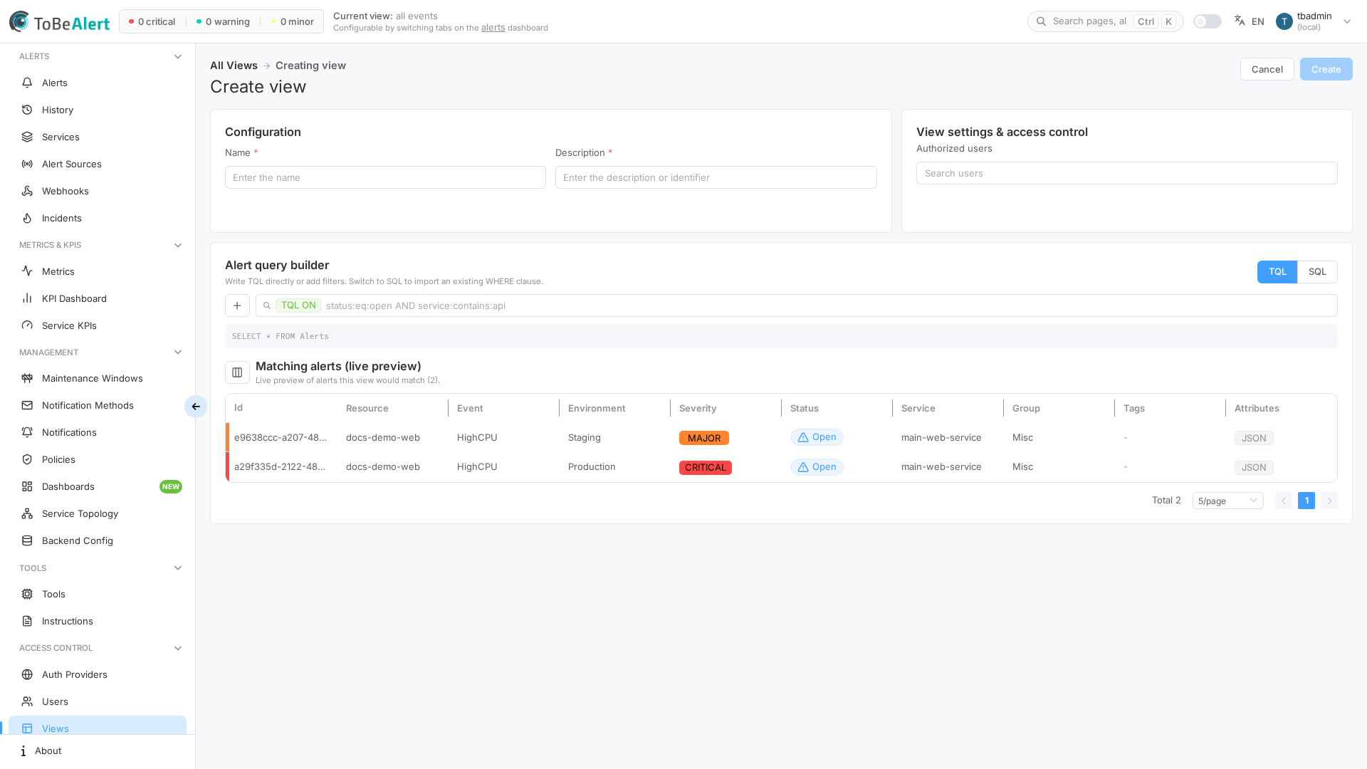 Create view editor — Name, Description, Users, live query preview