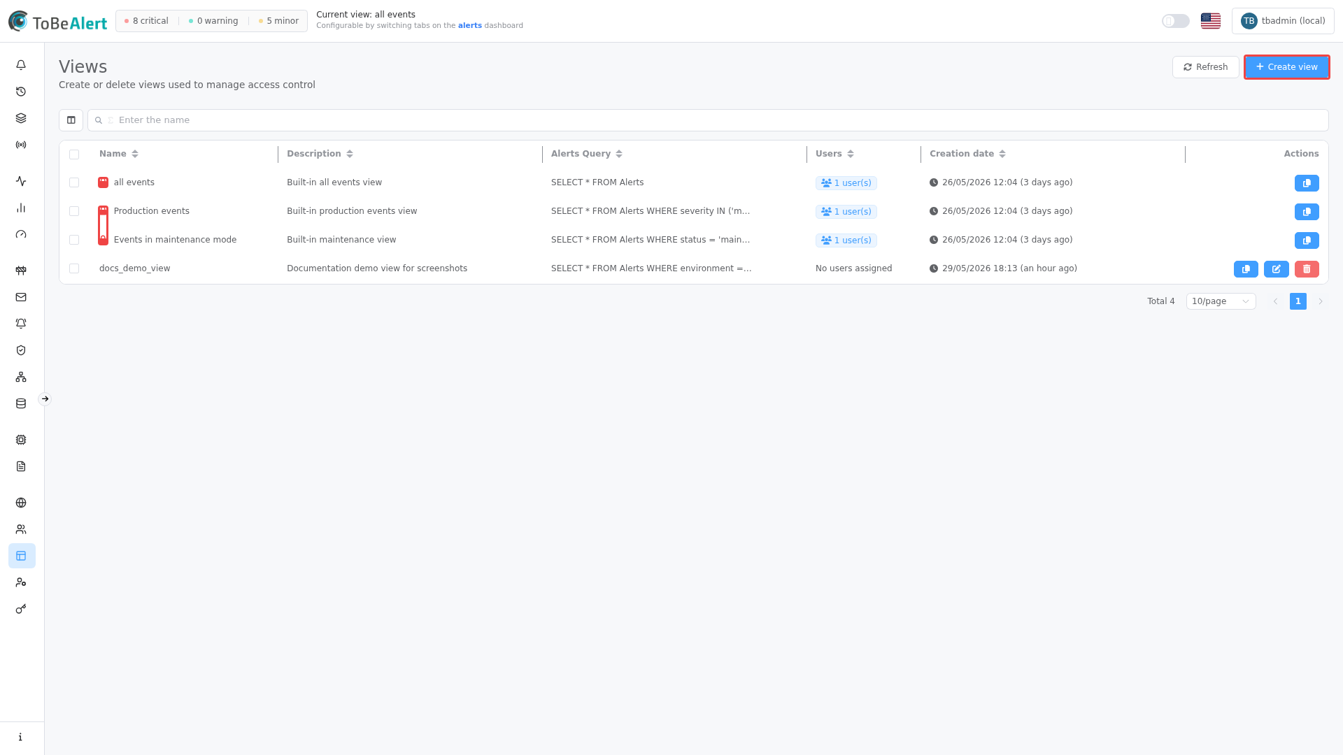 Views list — Create view and built-in lock icons