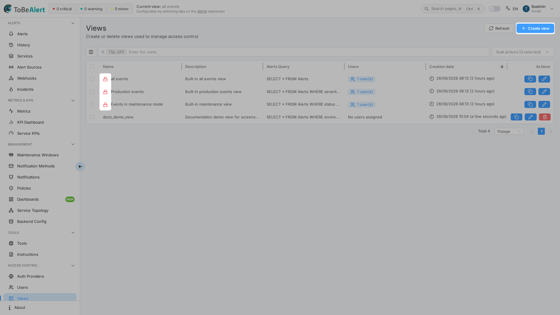 Views list — Create view and built-in lock icons