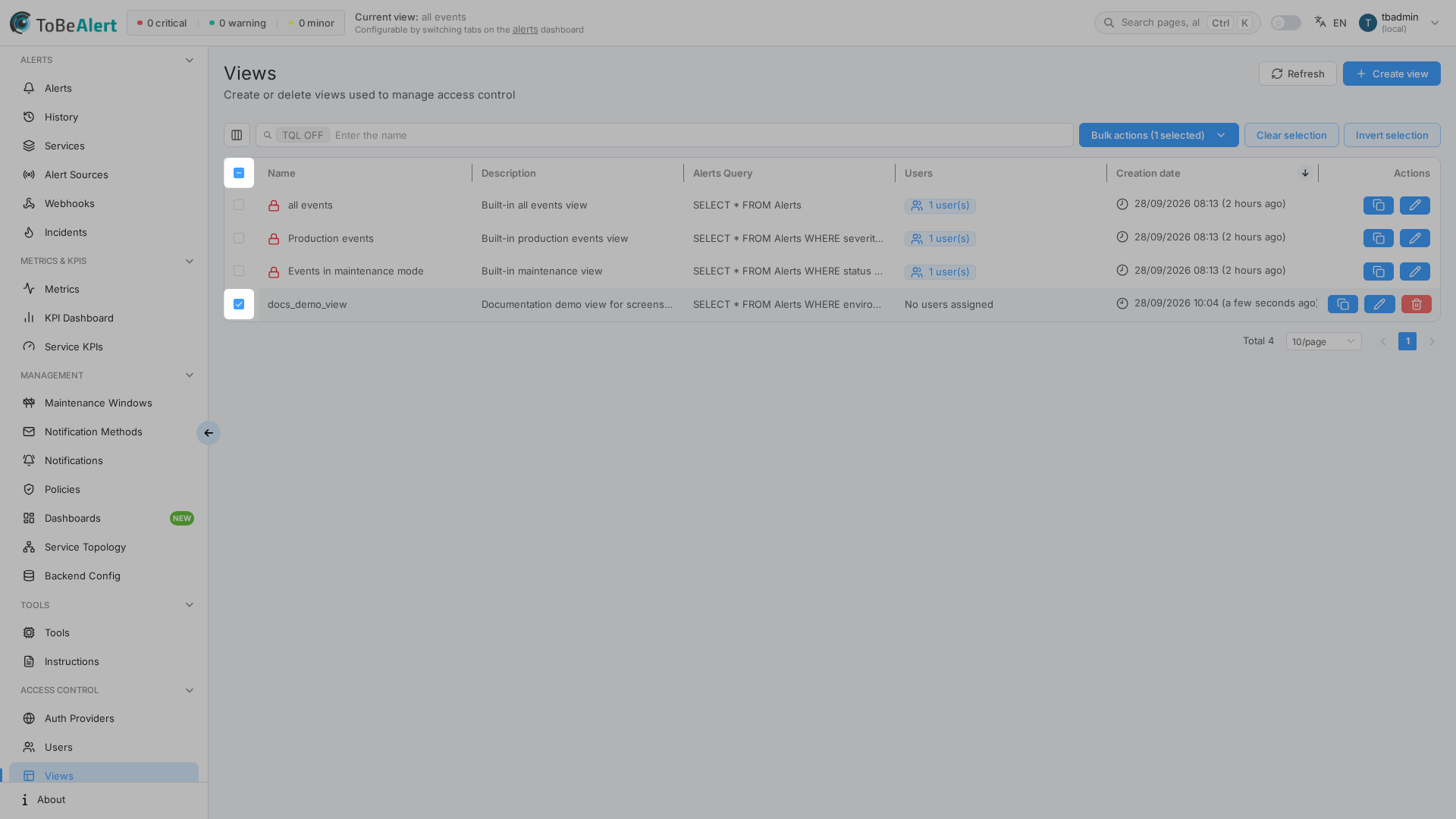 Views list with a custom view row selected