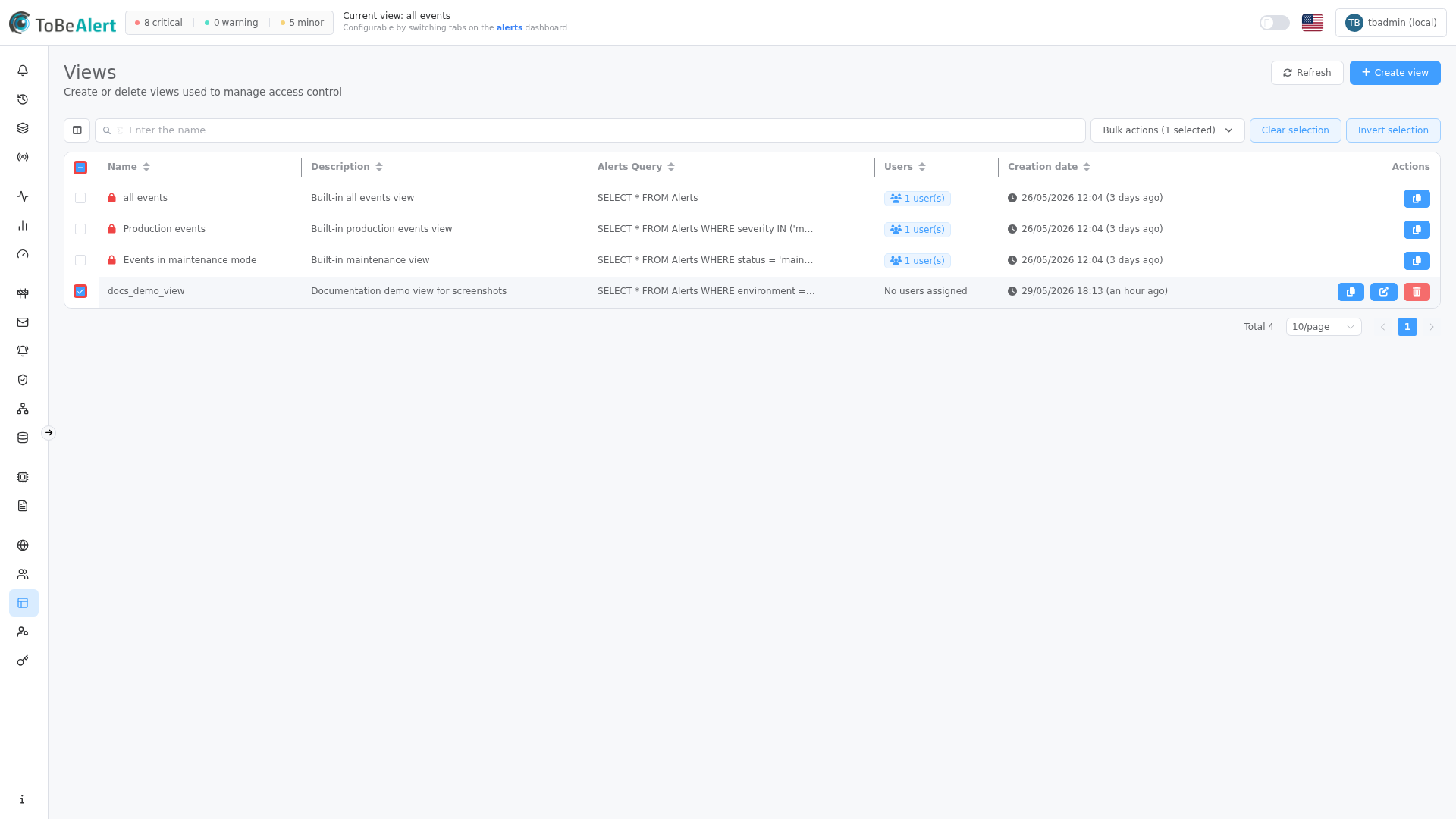 Views list with a custom view row selected