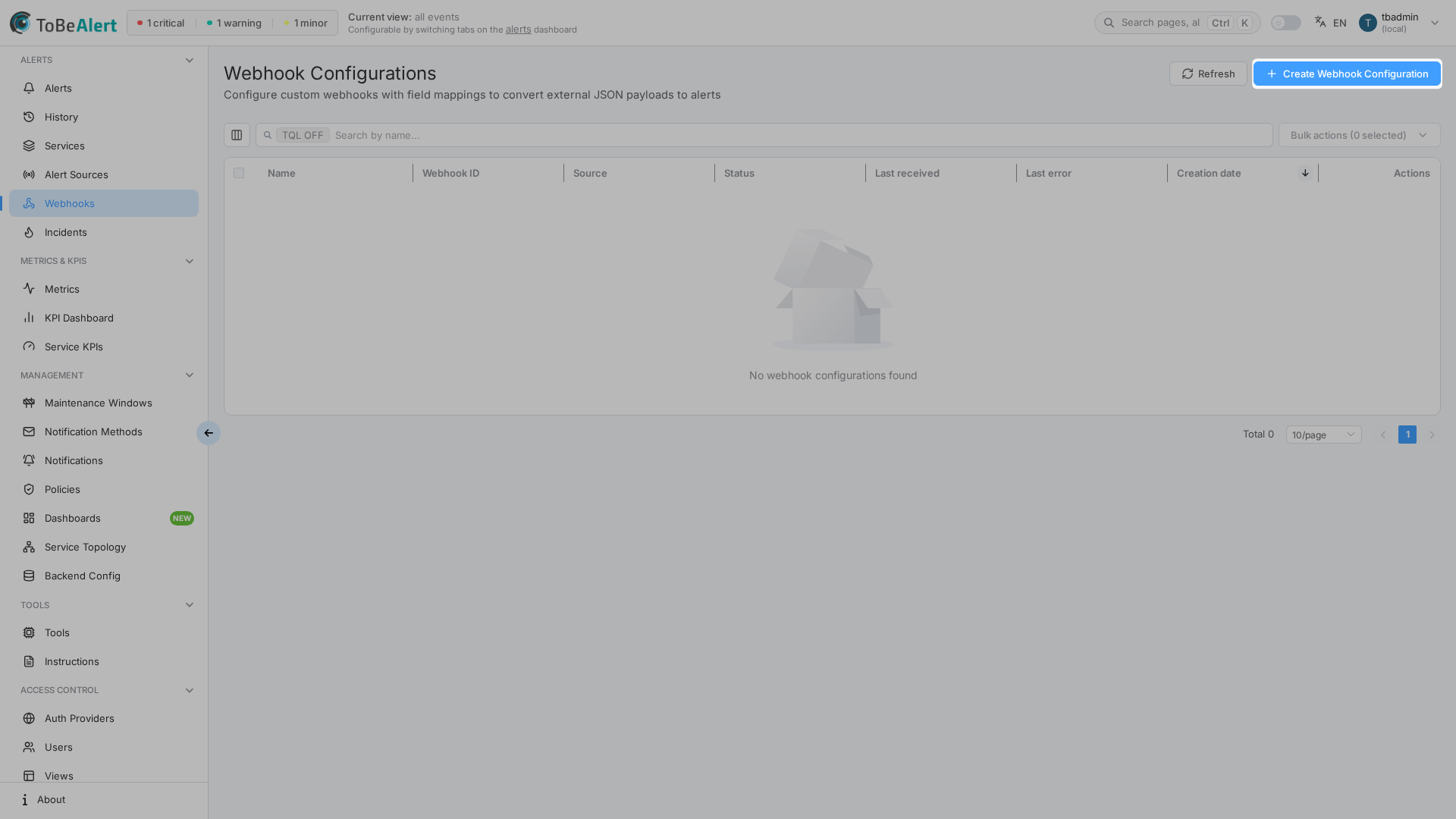 Webhook Configurations list